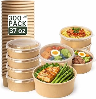 37oz 300Pack Kraft Paper Bowls with Lids, Disposable Meal Prep Containers for Restaurant, Party, Takeout Food (37oz 300Pack)