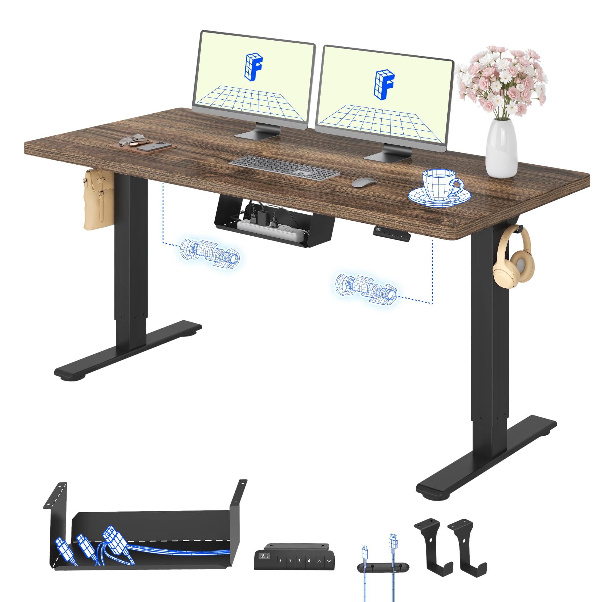 FLEXISPOT Desk Adjustable Height 140 x 80 cm, 2 Motors, Single Top 25 mm, Memory