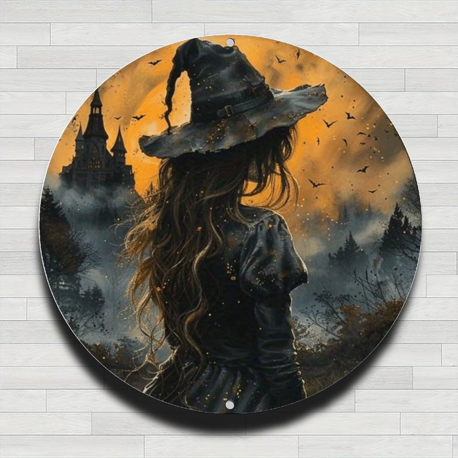 Castle Background Bat Flying Vintage Rustic Aluminum Metal Round Wall Sign - 8" 