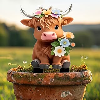 Highland Cow with Flower Acrylic Garden Stake, Indoor and Outdoor Garden Acrylic Decoration, Idea Gift for Flower Potted Ornament and Landscape Beautification, Suitable for Courtyards and Lawn