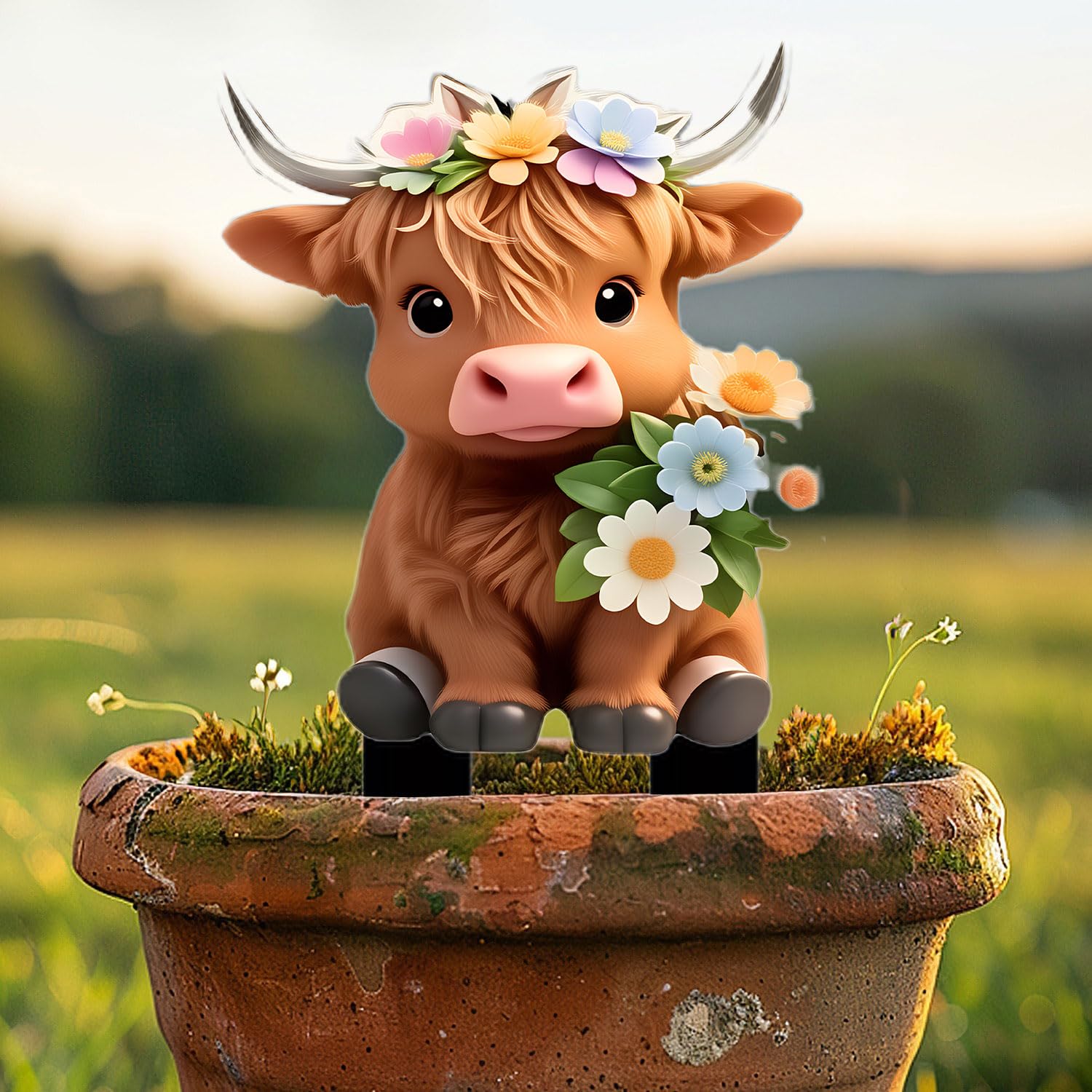 Highland Cow with Flower Acrylic Garden Stake, Indoor and Outdoor Garden Acrylic
