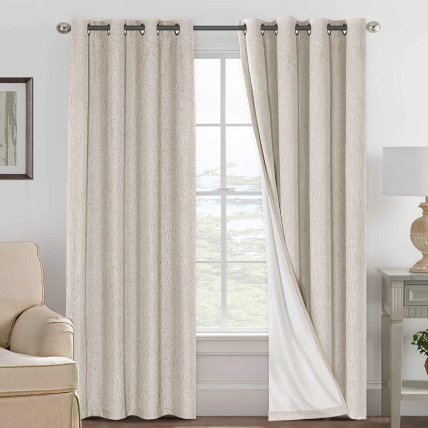 H.VERSAILTEX 100% Blackout Linen Curtains 84" L 2 Panels Natural | Total Black O