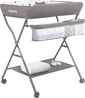 Baby Changing Table with Wheels, Maydolly Portable Adjustable Height Folding Diaper Station with Nursery Organizer &amp; Storage Rack for Newborn Baby and Infant (Light Grey)