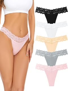 VOENXE Seamless Thongs for Women,Lace No Show Cotton Blend Underwear,5 Pack