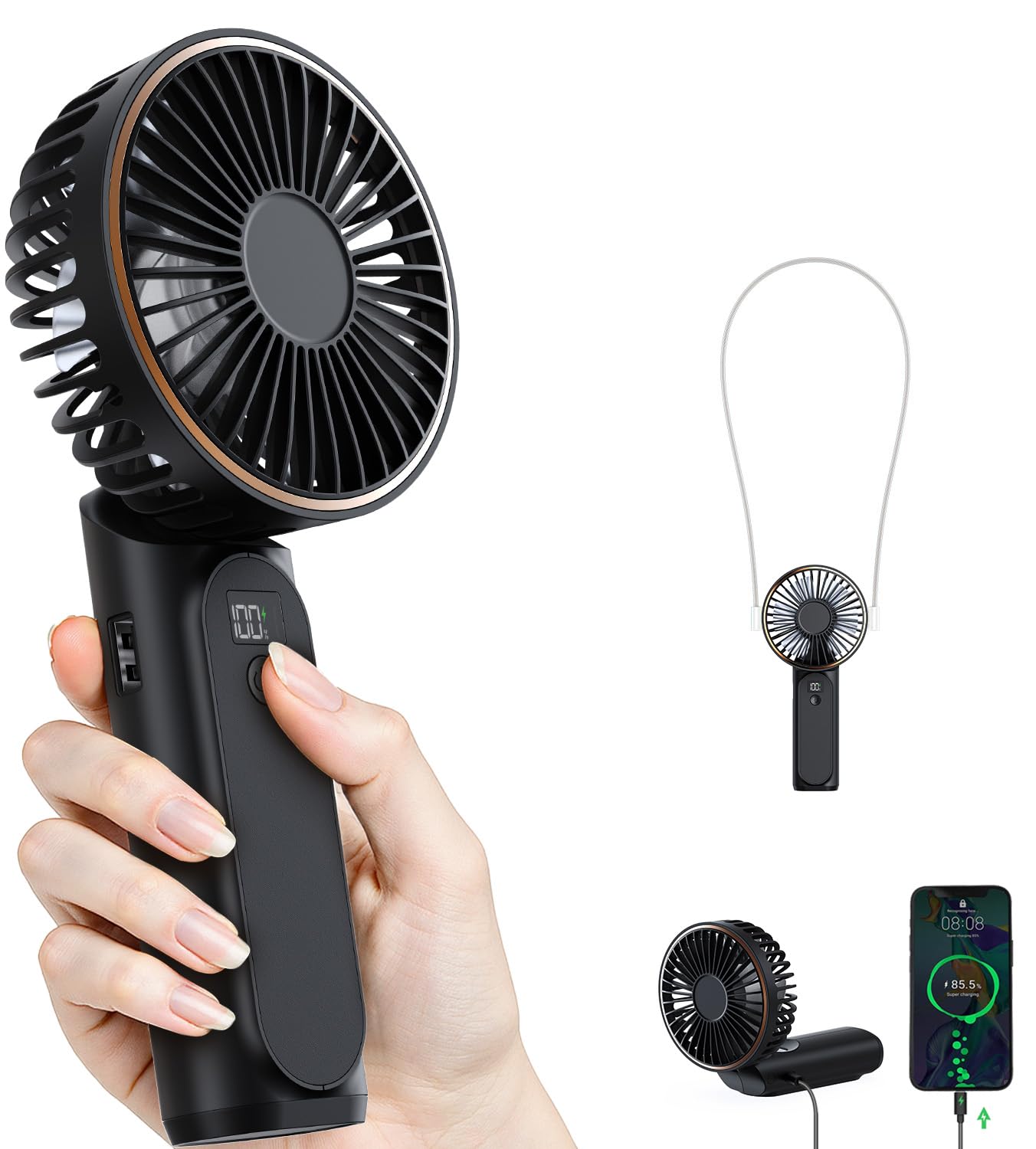 TUNISE Portable Handheld Fan, Portable Fan Rechargeable, 3600mAh, 180° Adjustabl