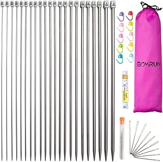 BCMRUN Knitting Needle Set, 22PCS 2mm(B)-8mm(L) Straight Single Pointed Stainless Steel Sweater Needles Set(11Pair-11 Size,9.8 inch) with Locking Stitch Makers Large-Eye Needles Measure Tape (36CM)