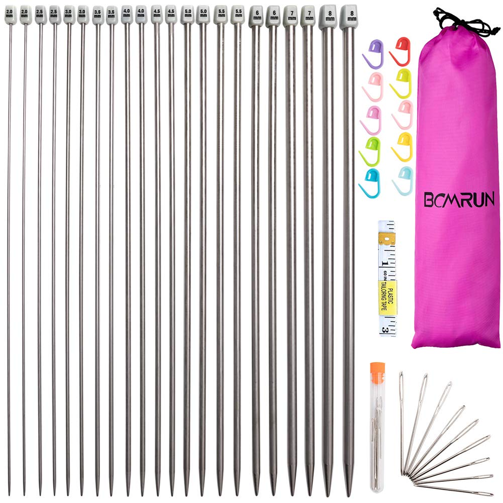BCMRUN Knitting Needle Set, 22PCS 2mm(B)-8mm(L) Straight Single Pointed Stainles