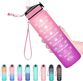 Hyeta Water Bottle with Straw & Time Marker, Plastic 32oz Leakproof