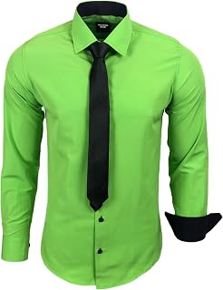 Subliminal Mode - Men's Long-Sleeved Shirt with Two-Tone Collar Plain + Black Tie Shirt Slim Fit Business Easy Iron RN77