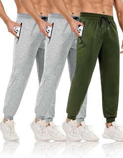 3 Pack Mens Sweatpants with Zip Pockets,Joggers Pants for Men Slim Fit Workout Running Gym Athletic Pants