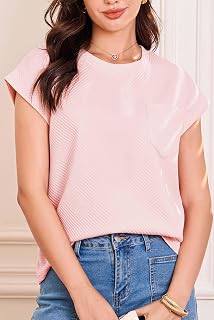 Women Summer Tops 2025 Trendy Cap Sleeve Crew Neck T-Shirt with Pockets Textured Business Casual Outfits Blouse