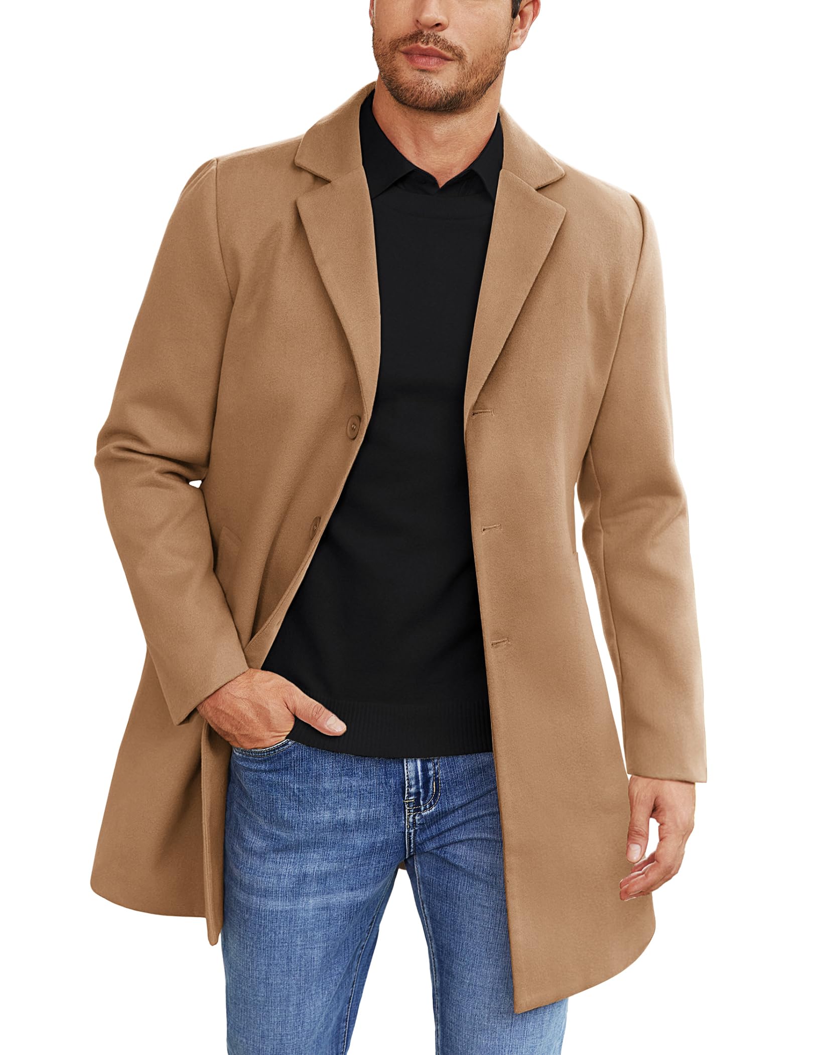 COOFANDY Mens Wool Blend Coat Winter Trench Coats Notched Lapel Collar Single Br