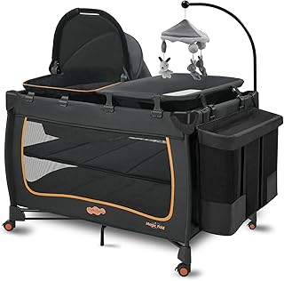 Pamo Babe 6 in 1 Baby Pack and Play with Bassinet - One-Step Setup Travel Crib, Small Portable Playpen for Babies, Portable Baby Bassinet, Changing Table, Toys Bar &amp; Extra Large Storage Bag