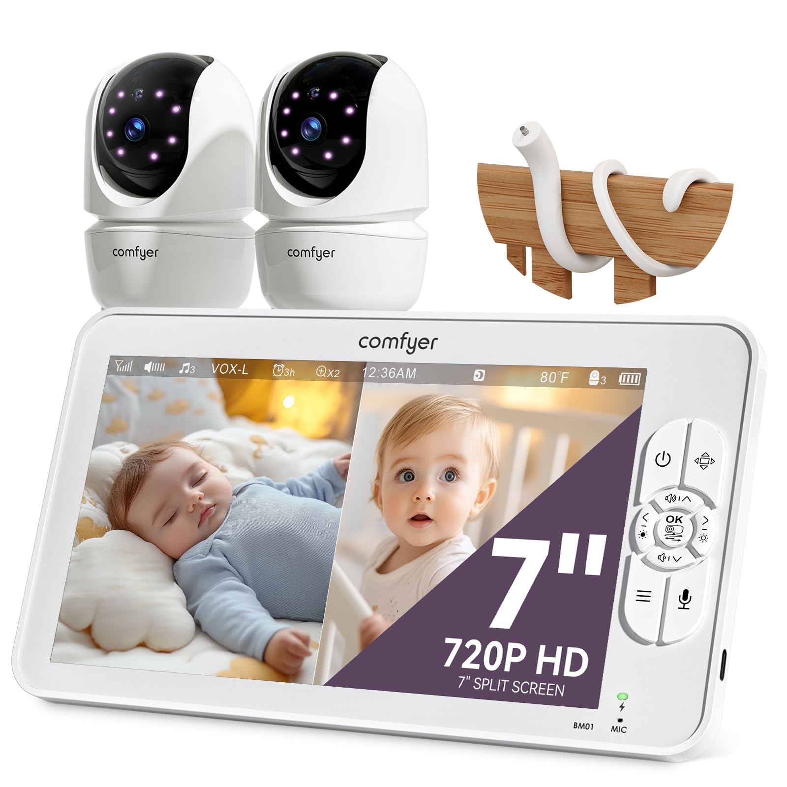 Comfyer BM01 7" Split-Screen Baby Monitor with 2 Cameras and Audio No WiFi