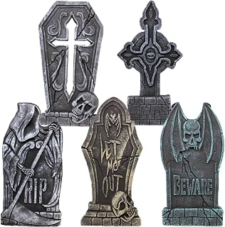 JOYIN 17” Halloween Decorations Outdoor Tombstones, 5 Pack Halloween Foam Graveyard Headstone Decorations with 12 Bonus Metal Stakes for Yard Lawn Outside Decor
