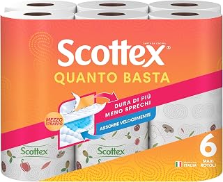 Scottex Quanto Basta, Kitchen Paper, Half Tear Option, 6 Maxi Rolls | Scottex kitchen paper, kitchen paper towels, ultra absorbent and durable, practical and versatile, coloured weave