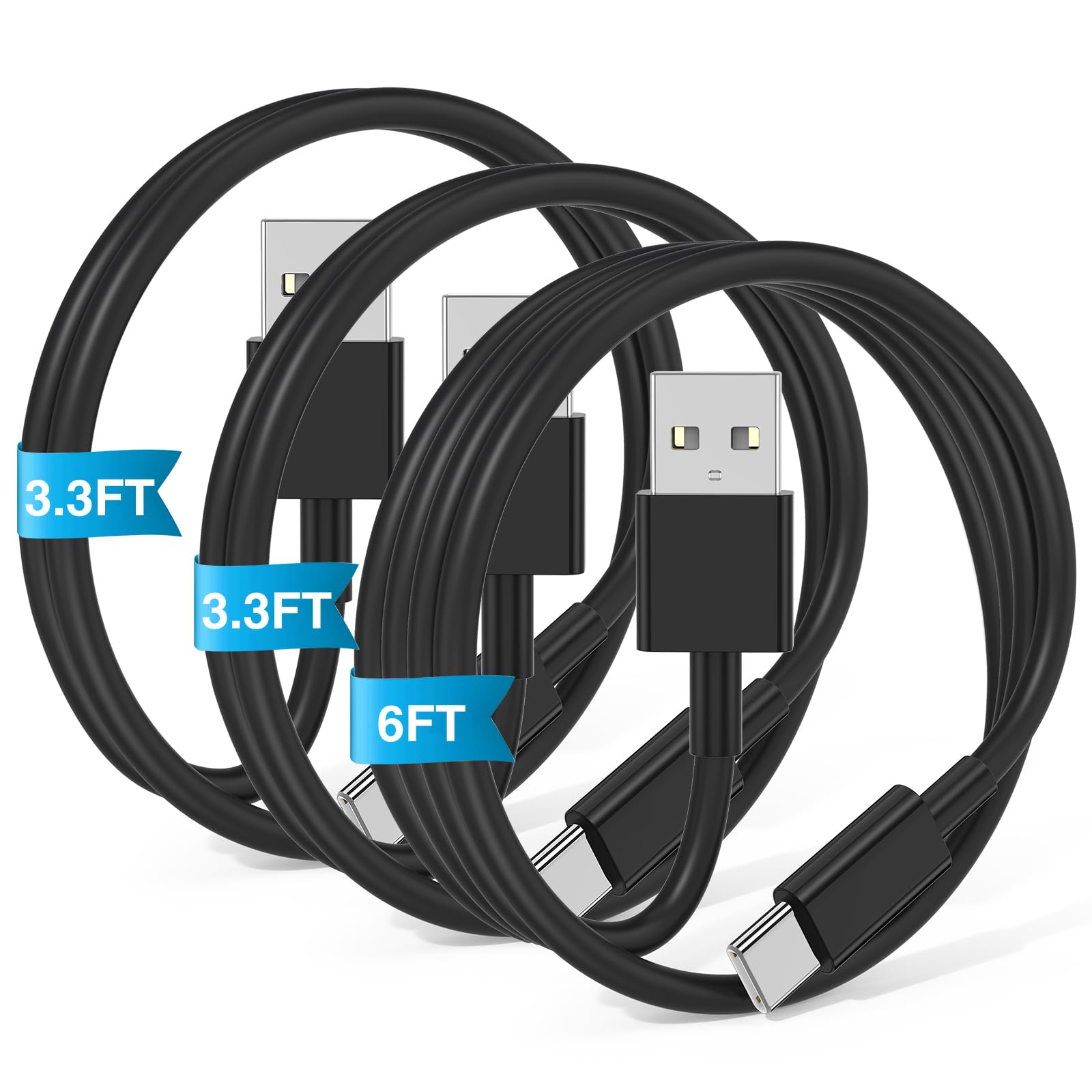 3-Pack Black [3.3FT+3.3FT+6FT] USB A to USB C Cable，USB to USB C Car Carplay Cab