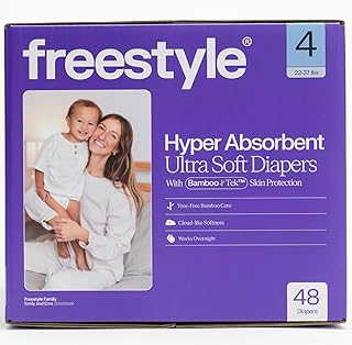 Freestyle BambooTek Diapers – (Size 4) Hyper Absorbent & Non-Toxic – Disposable Diapers for Sensitive Skin – Ultra Soft Diaper's (22-37 lbs) – 48 Count