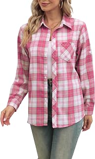 Betusline 女性用フランネル格子柄シャツ ボタンダウン長袖シャツ