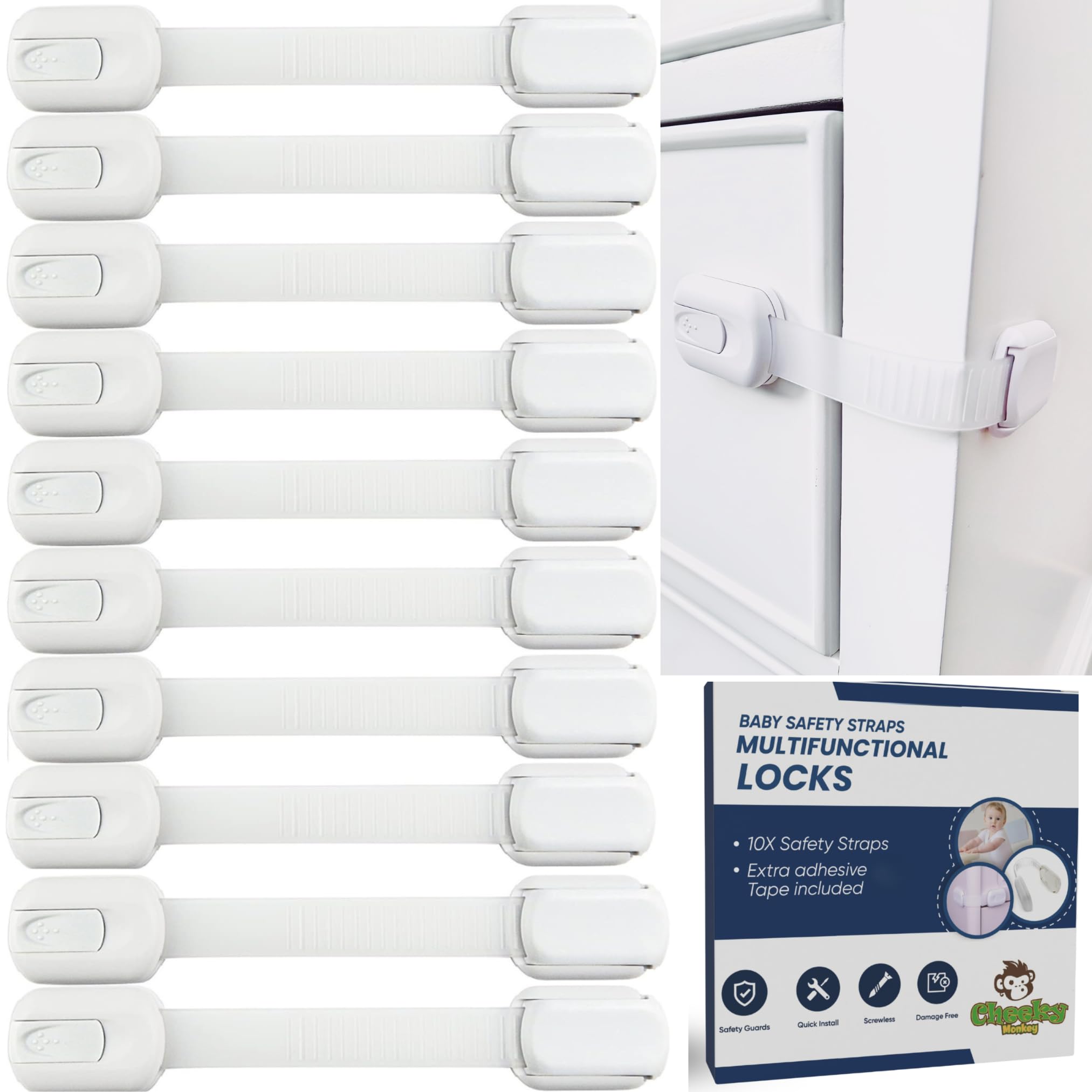 Cheeky Monkey® 10 Pack Cupboard Locks for Children, No Drill Baby Proofing | No 