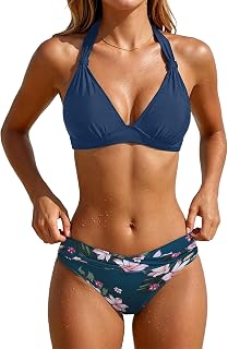 Yonique Zweiteiliger Damen-Badeanzug, Push-Up-Bikini-Set, Neckholder, Vintage-Bademode