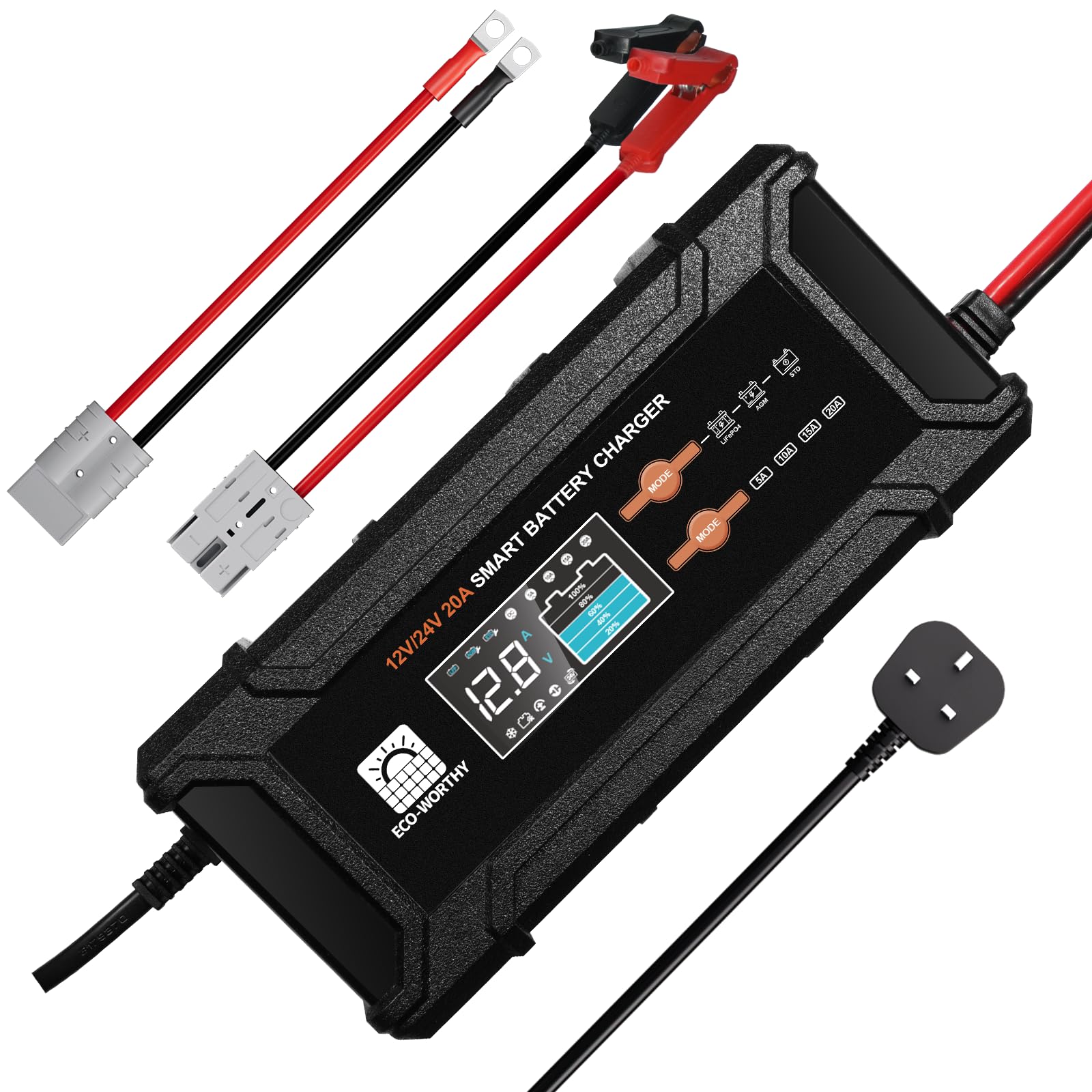 ECO-WORTHY 12V/24V 20A LiFePO4 Battery Charger with BMS Activation | 20A fast ch