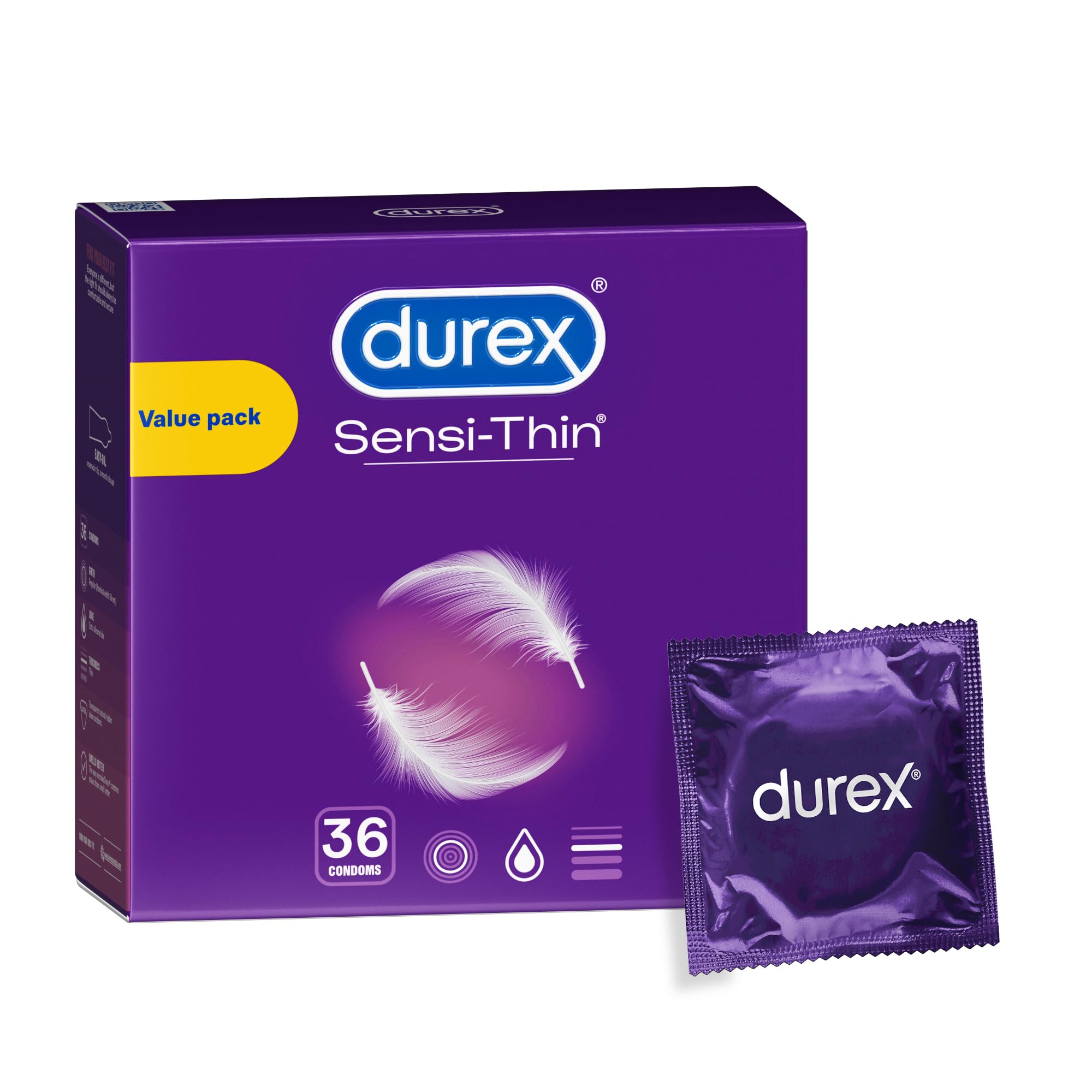 Durex Sensi-Thin Condoms, 20% Thinner, Regular Fit, 56 mm, 36 Count | Heightened