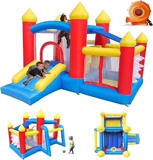 Baralir Indoor Bouncy Castle for Kids Inflatable Bounce House with Blower, Ball Pit Jumping Castle with Sunshade and Slide, Extra Soccer Goal, Basketball Hoop and Ball Throwing Net