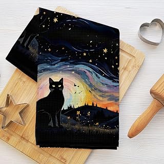 Mysterious Cat Kitchen Towels, 61 x 35 cm, Starry Sky Waffle Towels for Kitchen, Home, Farmhouse, Absorbent Microfibre Tea Towel, Cat Lovers, Gifts for Women