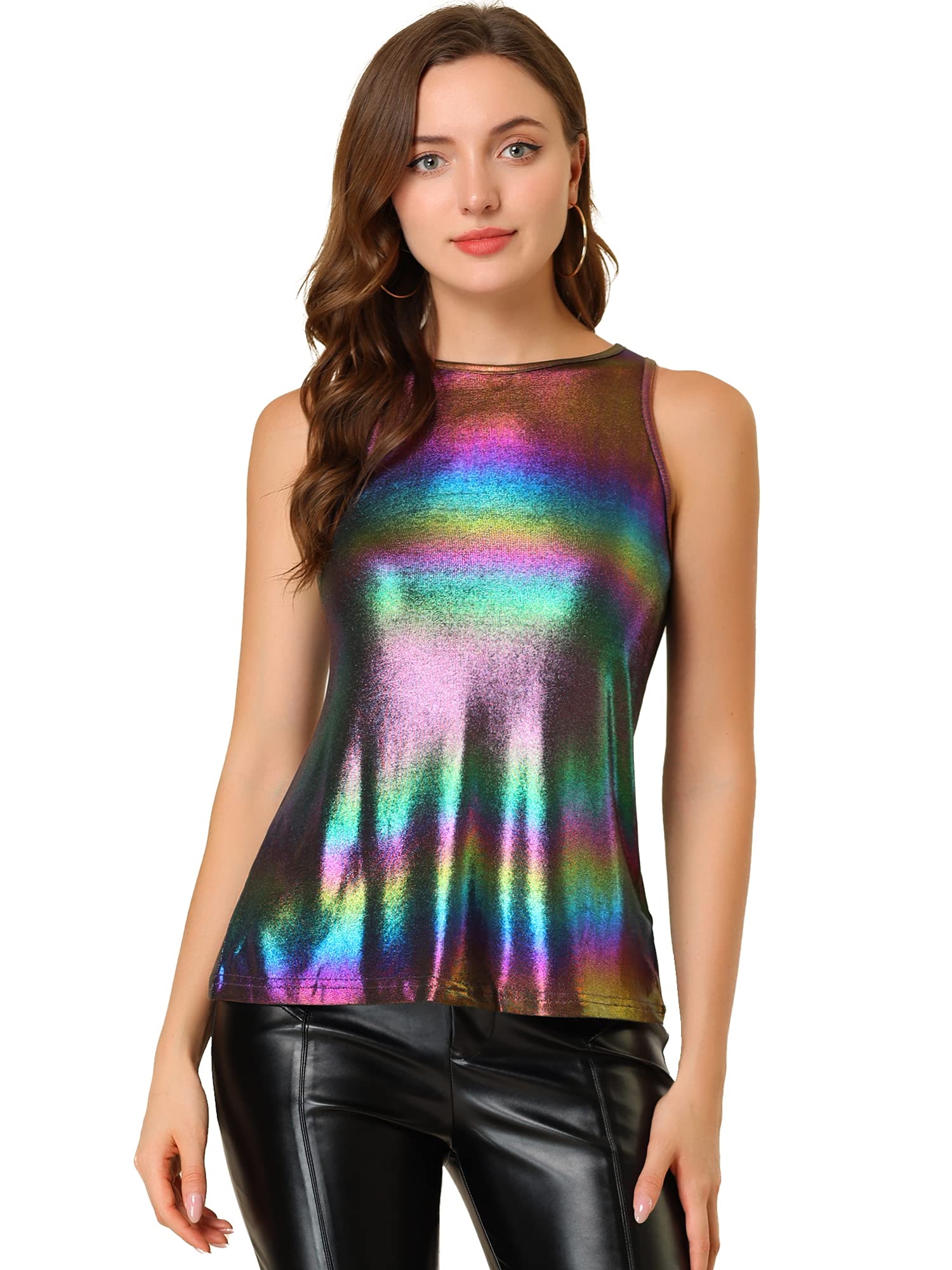 Allegra K Metallic Shiny Vest Halter Neck Women