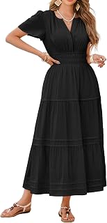 R.Vivimos Womens Summer Cotton Midi Dress 2025 Short Sleeve V Neck Elastic Waist Embroidered Tiered A-Line Long Dresses