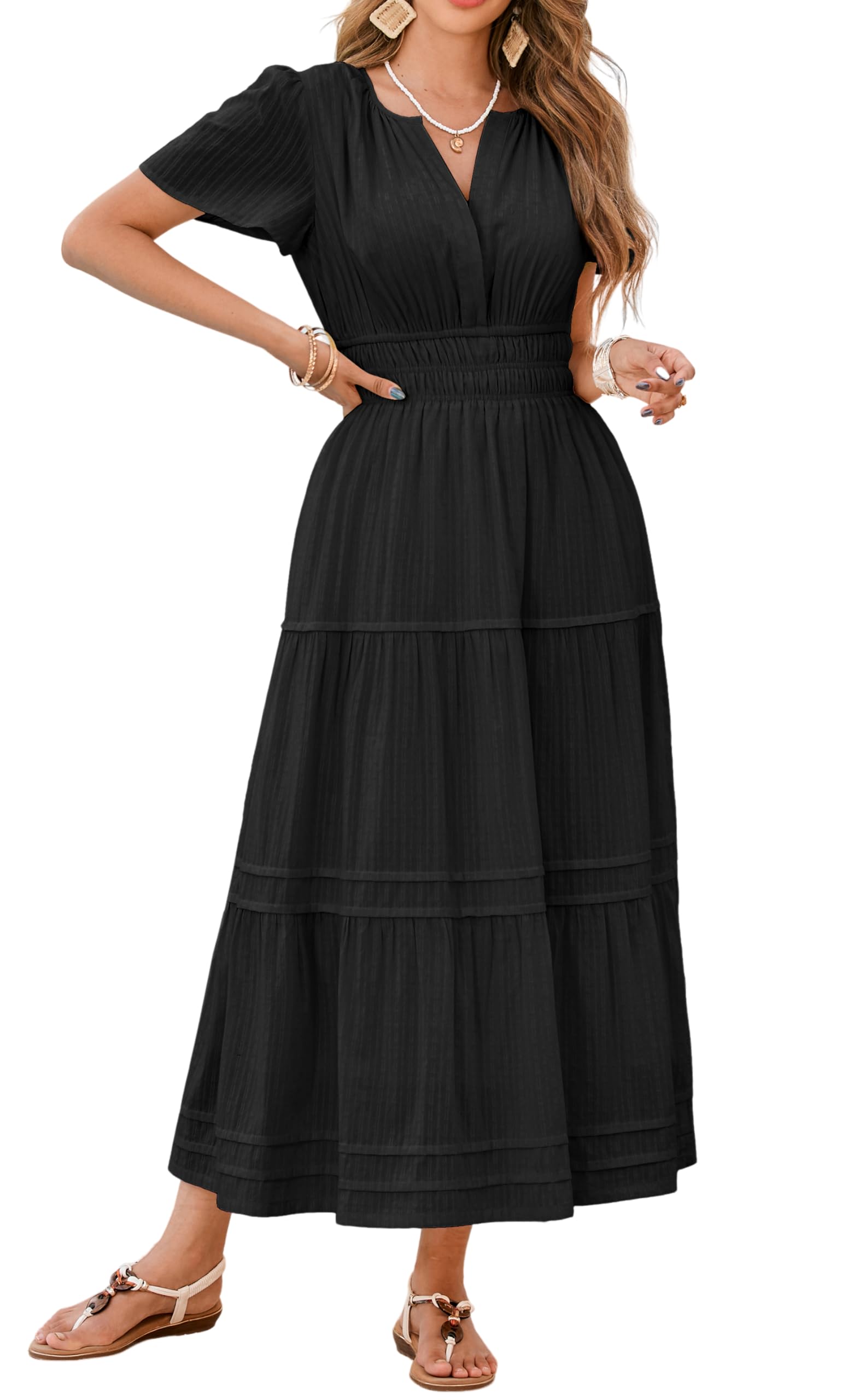 R.Vivimos Womens Summer Cotton Midi Dress 2025 Short Sleeve V Neck Elastic Waist