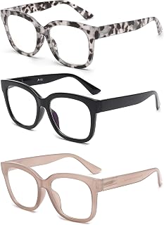 JM 3 Pack Oversized Reading Glasses Women Large Square Blue Light Readers | Spring Hinge, Blue Light Blocking Scratch-resistant Lens, Anti Eyestrain Computer Eyeglasses, Accurate Magnification