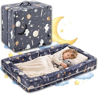 First Comfort Portable Toddler Bed — Foldable Toddler Travel Bed & Folding Floor Bed for Kids/Toddlers 1-5, High-Density Foam, Safety Rails, Washable Cover, No Assembly
