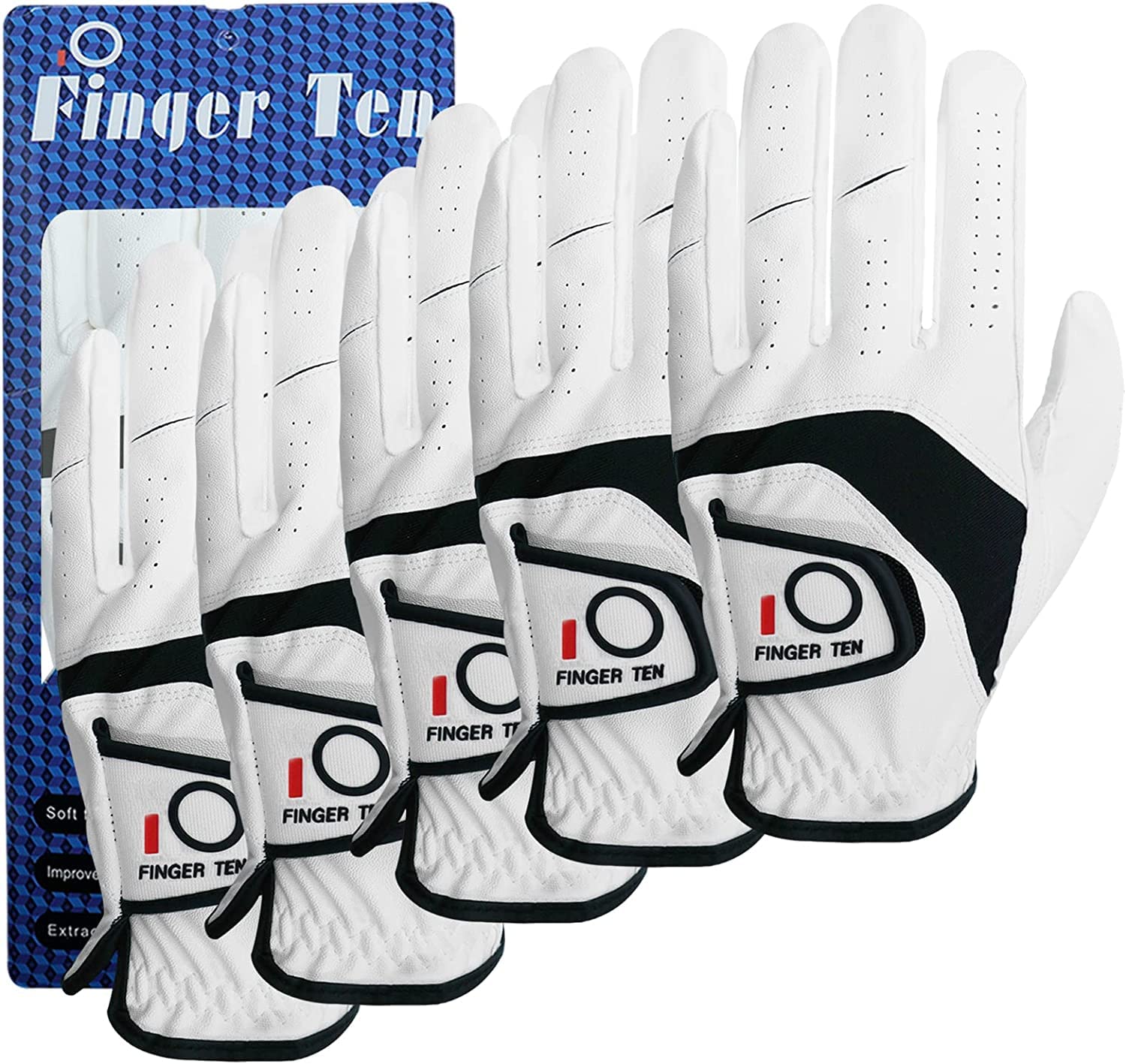 FINGER TEN Golf Gloves Men Left Right Hand Value 5 Pack | Soft Comfortable Wear,
