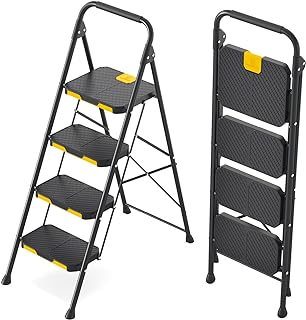 KINGRACK 4 Step Ladder, Steel Step Stool with Safe-Lock, Load 800lbs, Black | Sturdy Steel Step Stool Pass 800lbs Load Testing,Anti-Slip Wide Pedals,folding step ladder for Multi-Purpose, Home, Kitchen