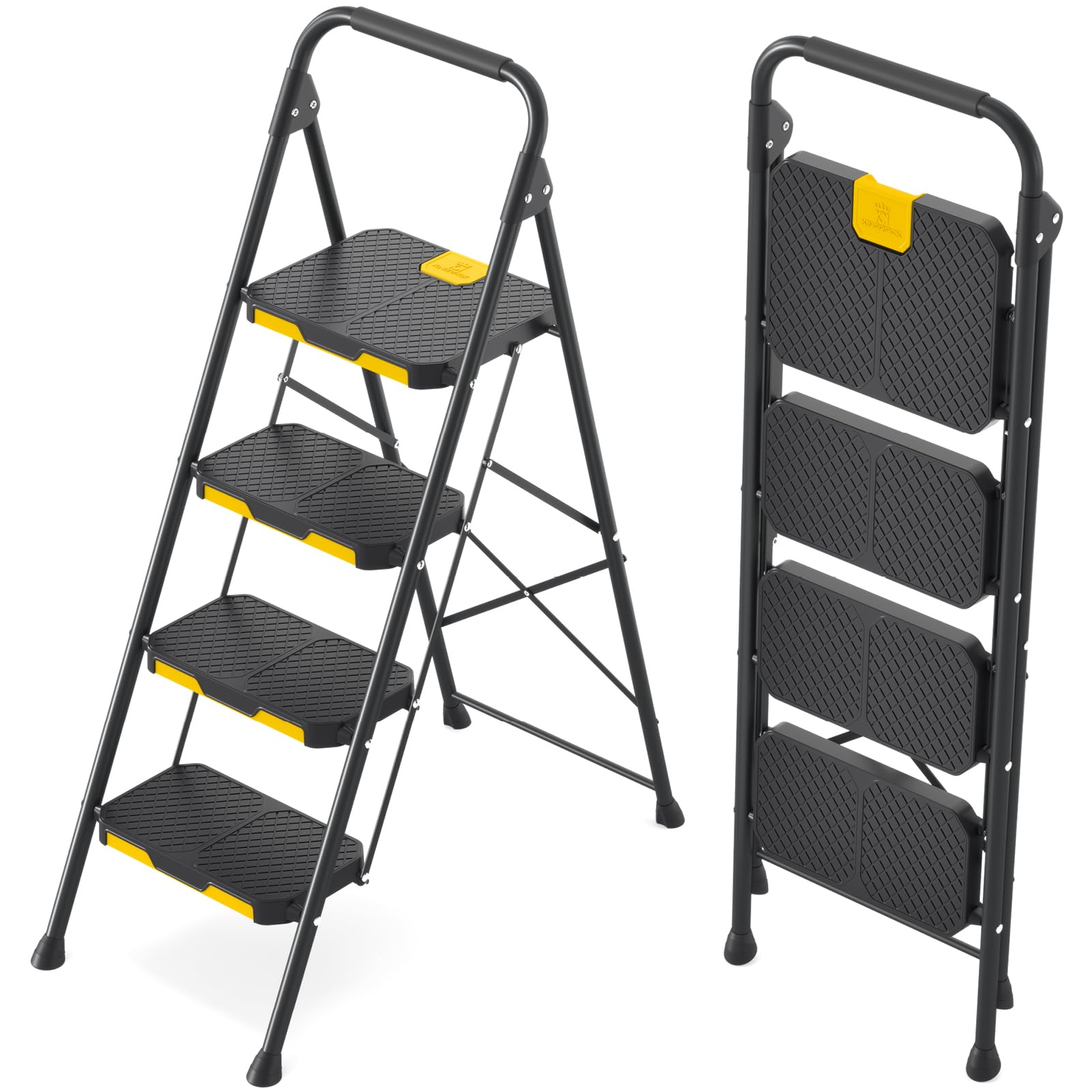 KINGRACK 4 Step Ladder, Steel Step Stool with Safe-Lock, Load 800lbs, Black | St