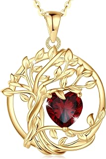 FANCIME Collar de piedra natal del árbol de la vida, colgante de plata de ley, collar de piedra natal, regalo de cumpleaños para mamá, esposa, Plata esterlina Gema Chapado en oro