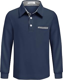 Arshiner Boys Long Sleeve Polo Shirt with Chest Pocket and Checked Trim