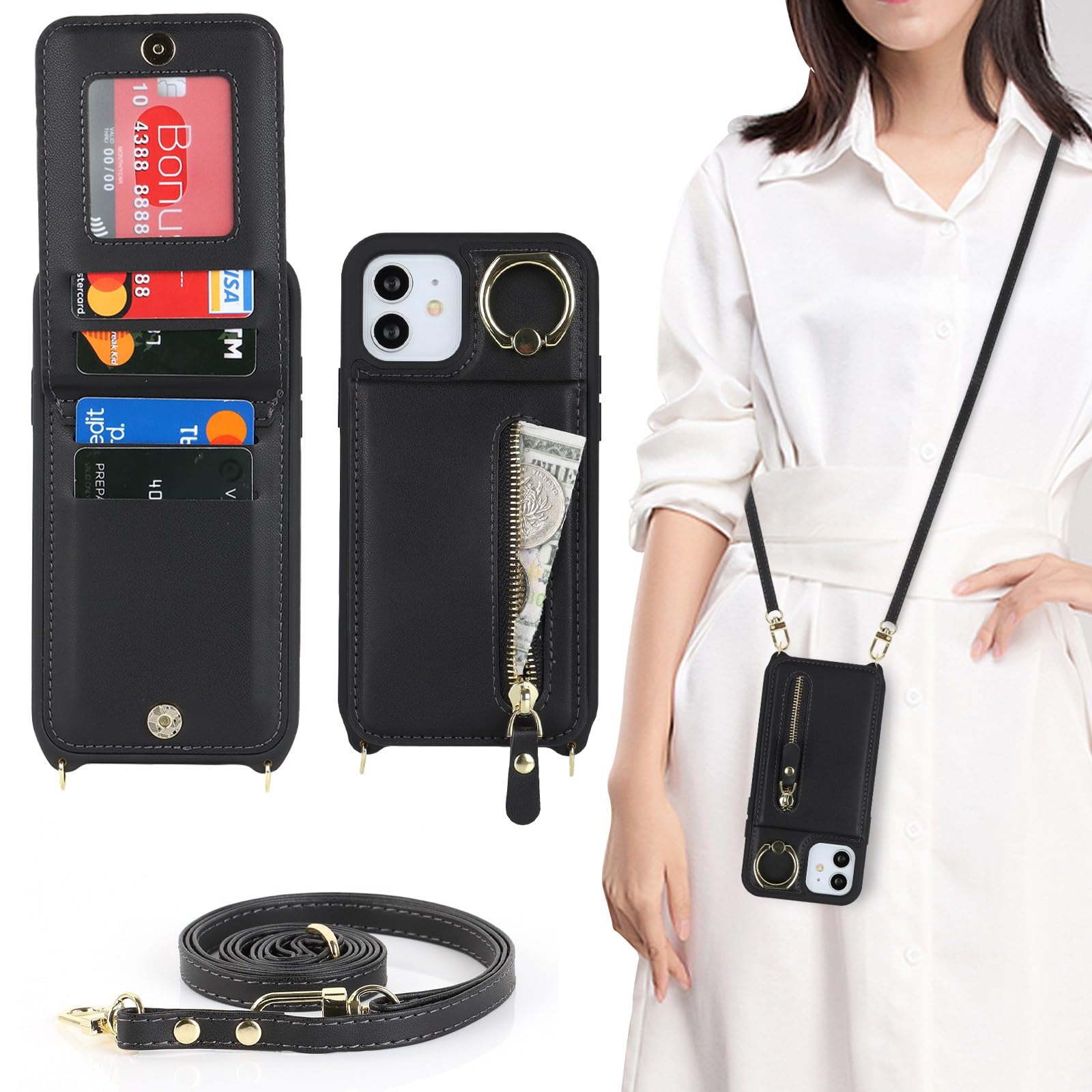 Zouzt Crossbody Wallet Case for iPhone 12/12 Pro (6.1"), with Strap, Black