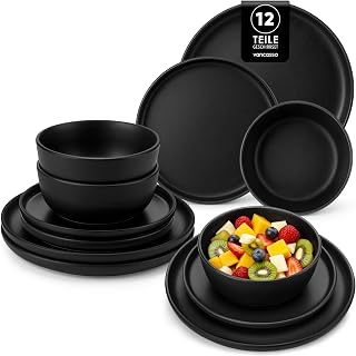 vancasso Black Tableware Set for 4 People 12 Piece Elegant Matte Enamel Dinnerware Set Modern Playa Dishes and Bowls Set Dishwasher and Microwave Safe