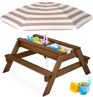Best Choice Products Kids Picnic Table with Umbrella & Sensory Bins, Beige | Wooden 3-in-1 outdoor table converts to water or sand table, adjustable umbrella, removable top, 2 activity bins for toddlers