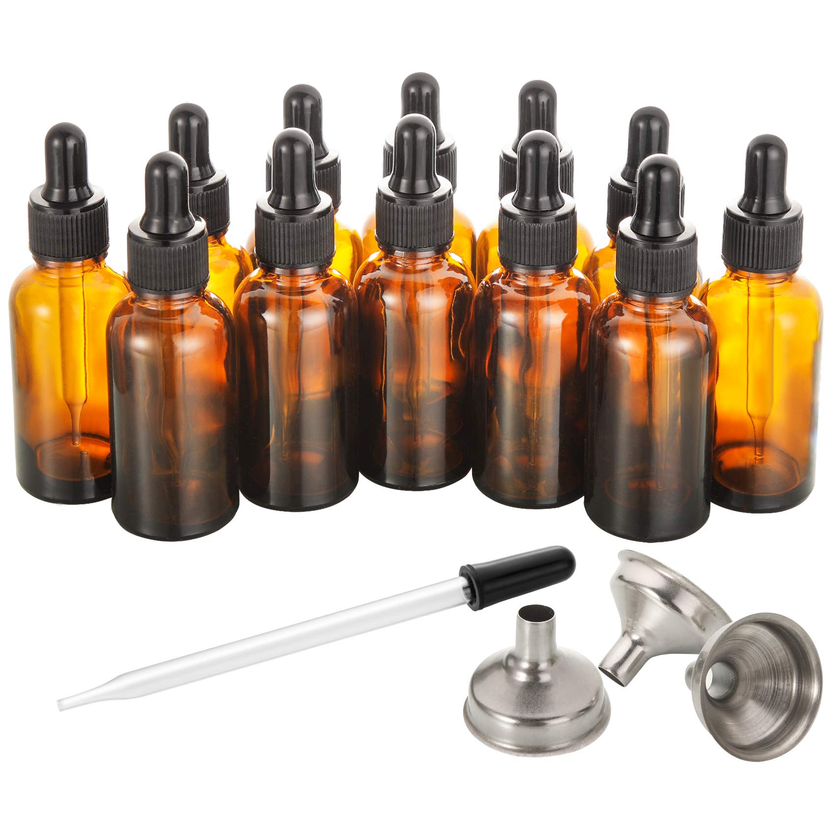12 pcs, 1 oz Amber Dropper Bottles w/ 3 Stainless Steel Funnels & 1 Long Glass D