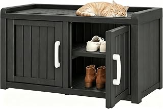 WTFGO 2 Doors Outdoor Shoe Storage Bench | Waterproof UV-Resistant Resin Cabinet, Entryway Organizer for Porch, Hallway, Black