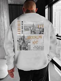 Mens Crew Neck Loose Shoulder Brooklyn NYC Statue of Liberty Graphic Pullover Sweatshirts Long Sleeve (ZS03)
