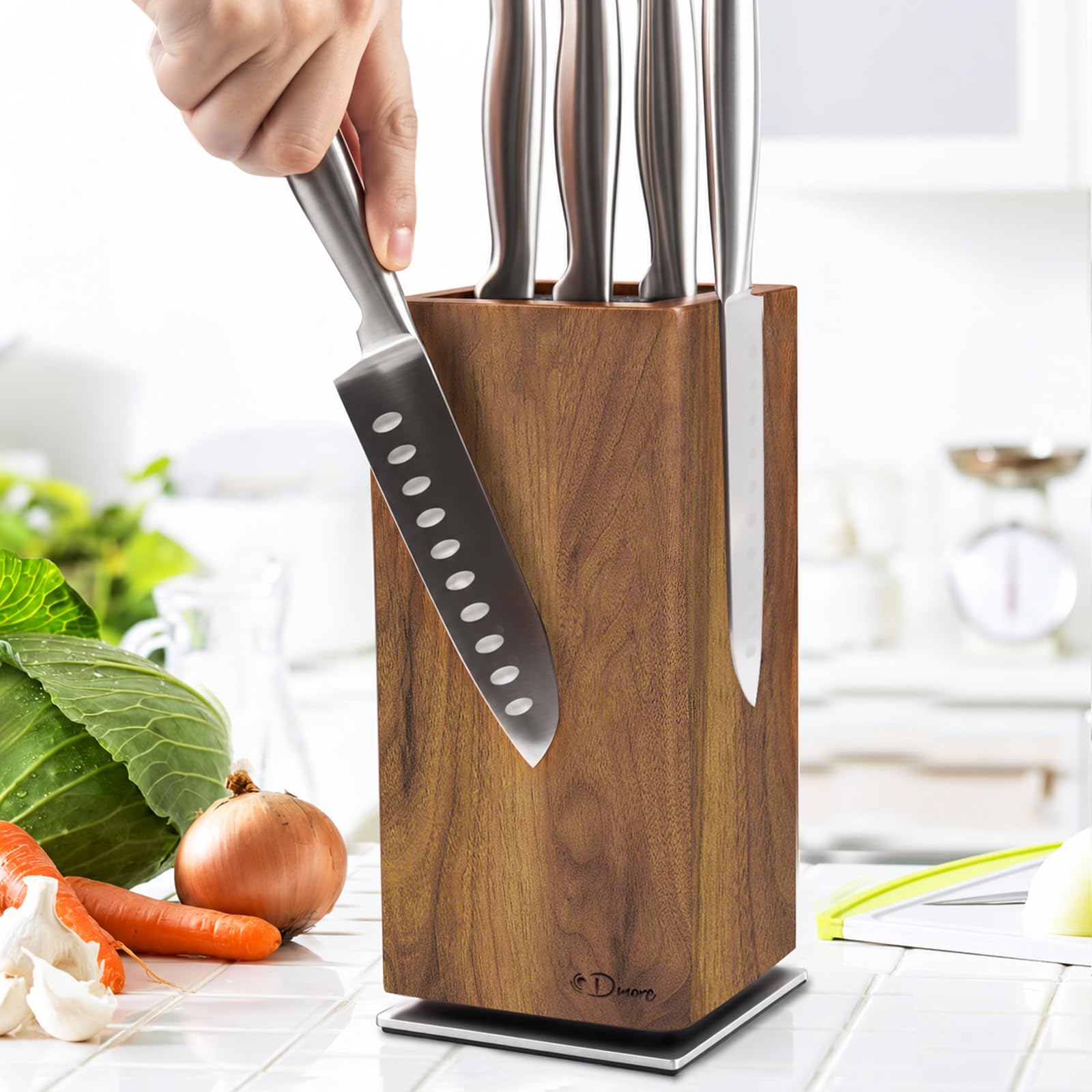 Dmore 360° Rotating Knife Block - Elegant Acacia Wood Magnetic Knife Holder, Ext