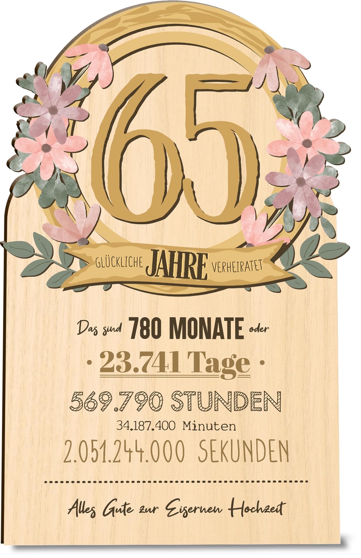 Iron Wedding Anniversary Card, 65 Years, Wooden Card (German Language), Wedding 