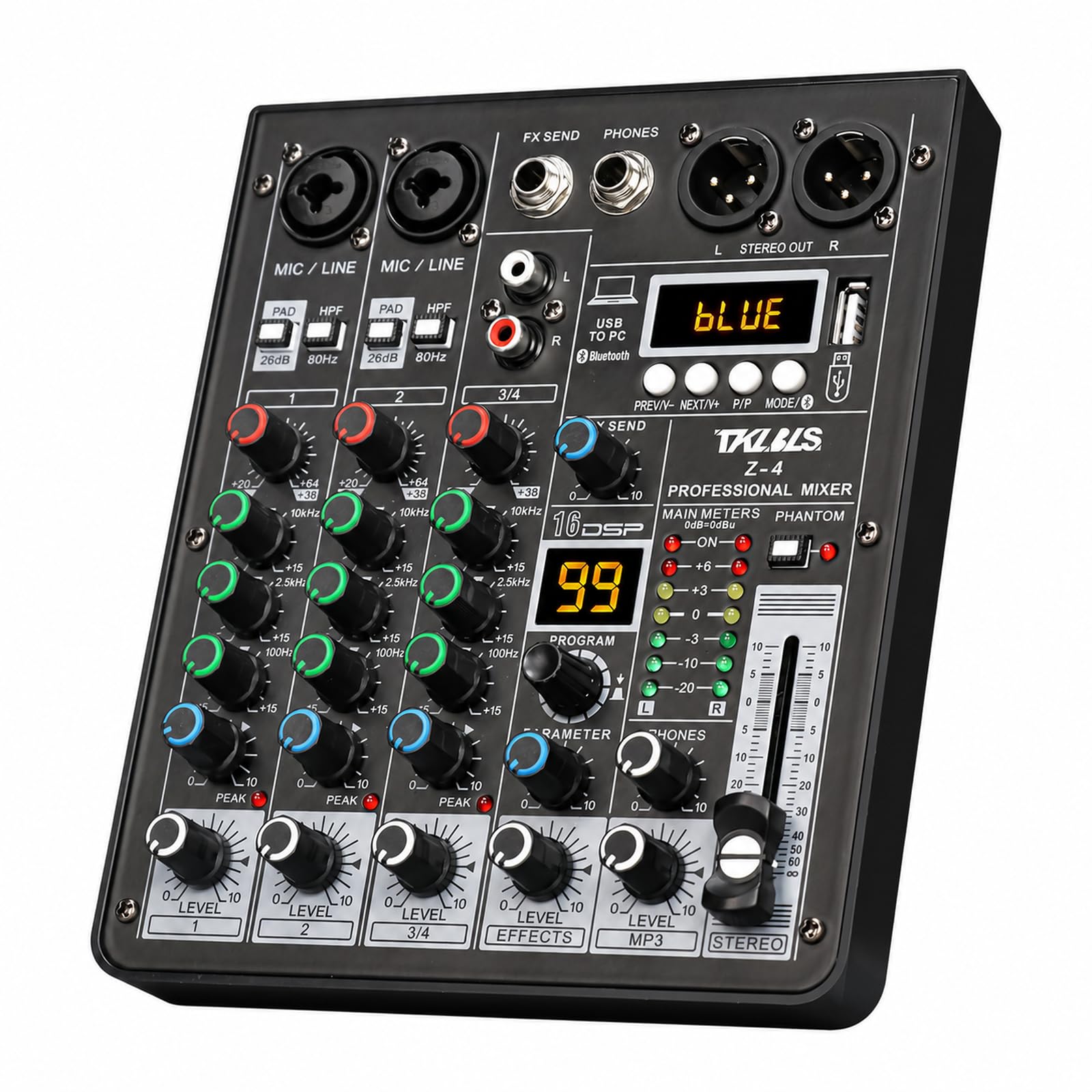 TKLBLS 4 Channel Podcast Audio Mixer, Compact Mixing Console with 99 DSP Effects