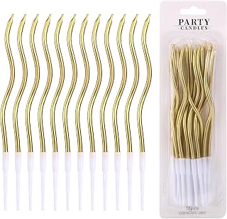 12pcs Spiral Cake Candles, Twist Slim Long Birthday Cake Candles | Velas Themed Party Cupcake Sparkler Decoration with Stand for Birthday Wedding Anniversary (Gold)