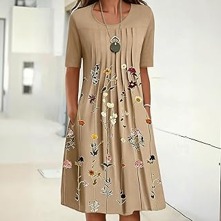 Womens Floral Print Half Sleeve Round Neck Pocket Midi Dress